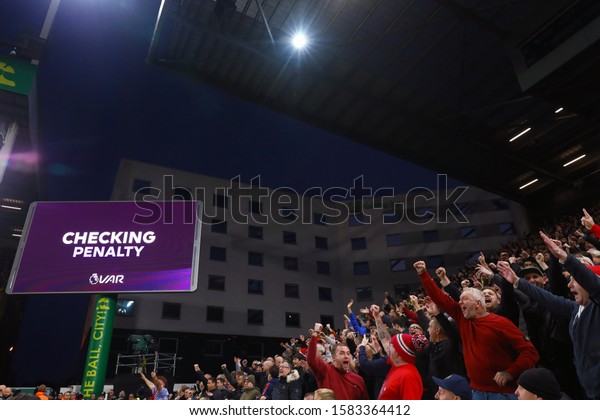 Manchester United\
fans cheer as they are awarded a penalty after VAR check - Norwich\
City v Manchester United, Premier League, Carrow Road, Norwich, UK\
- 27th October\
2019\
\
