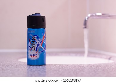 Manchester, United Kindom - 29th Sept 2019 Product Photo Of Lynx Sport Blast Deodorant Body Spray In A Bathroom.