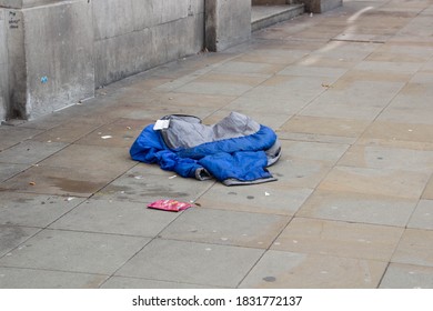 Manchester, United Kingdom - 11th Oct 2020: Sleeping Bag Belonging To A Homeless Person Left On The Street In City Centre Manchester, UK