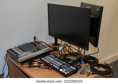 Manchester, United Kingdom - 11th Oct 2022: Internet TV Channel Program Equipment Set Up On A Desk.