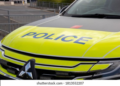 Manchester, United Kingdom - 12th Sept 2020: British Police Mitshubishi Hi Vis Car Bonet With The Word Police On It.