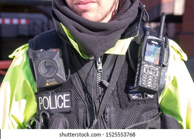 Manchester, United Kingdom - 2nd Oct 2019: British Police Uniform With A Body Cam & Radio.