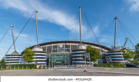 MANCHESTER, UNITED KINGDOM - 3 OCT 2016: Etihad Stadium is the home ground of Manchester City FC. It is the fourth-largest stadium in the Premier League and eighth-largest in the United Kingdom