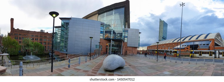 Manchester, United Kingdom - April 25, 2019: The Bridgewater Hall Facing The Manchester Central Conference Centre. The Bridgewater Hall Is An International Concert Venue In Manchester City Center.