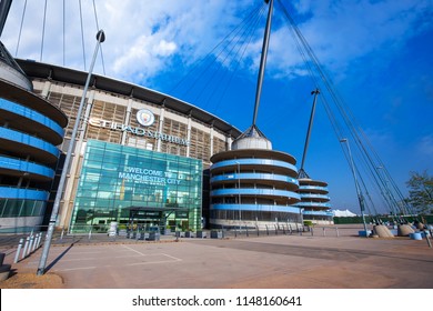 MANCHESTER, UNITED KINGDOM - MAY 19 2018: Manchester City Football Club founded in 1880 in Manchester, UK. which has the Etihad Stadium as its own home ground.
