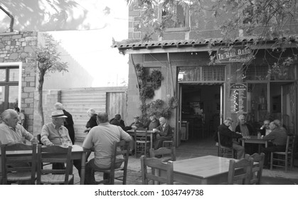 Mandamos Lesbos Greece September 2 2009 Old Men Drinking Coffee And Chatting At A Cafe