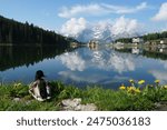 Mandarin ducks sit on the edge of Lake Misurina in Dolomites, Dolomiti mountain, Italian.Alpine lake with reflection at sunrise with yellow grass flowers the lake. Summer vacation destination