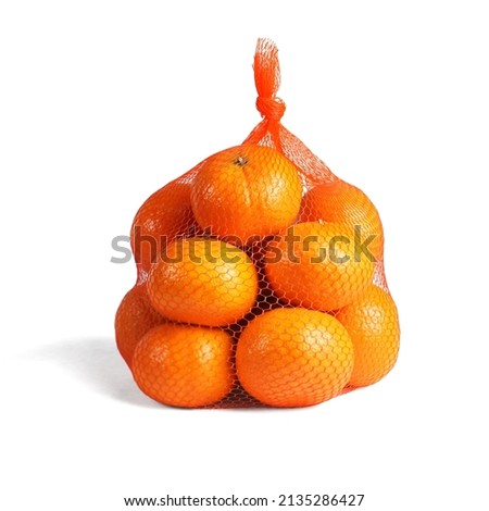 Mandarin Oranges in Plastic Mesh Sack on White Background