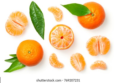 Mandarines, tangerine, clementine with leaves isolated on white background. Top view 