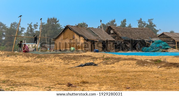 Mandarmani, West Bengal, India.- February,
20, 2021. View of Fishing Village with
Shacks,