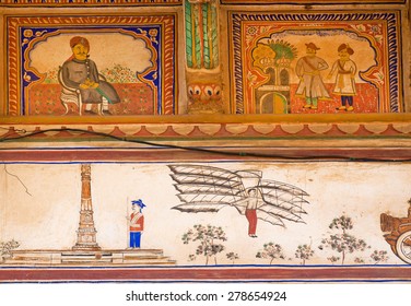 MANDAWA, INDIA - FEB 7: First Flying Machine On A Fresco In Old Shekhawati Art Style On February 7, 2015. With Popul. Of 21000, Mandawa Is A Touristic Site With Naive Art Haveli Mansions