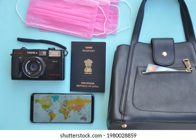 Mandi, Himachal Pradesh, India - 04 24 2021: Overhead View Of Essential Items For International Travel During Pandemic For A Women 