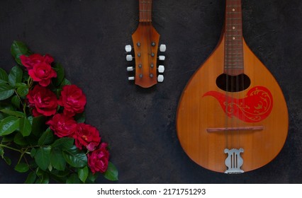 Mandolin - a stringed plucked musical instrument and a beautiful red roses