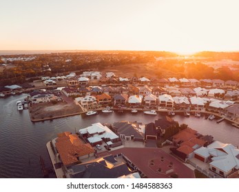 Mandurah, Perth, Western Australia - June 5th, 2019 : The suburb of Mandurah before the large development from above. River canals here lead to the ocean with accomodation and housing on the sides. 