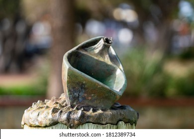 Mandurah, Western Australia - August, 2020: Bronze sculpture of a boat at Mandurah artwalk. Horizontal view. The sculpture is a part of public artwork Three Vessels of Hope