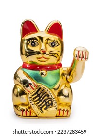 Maneki-neko money cat isolate on white with clipping path, lucky cat glitter gold is mean welcoming more money and gold, good luck good fortune to the owner. - Shutterstock ID 2237283459