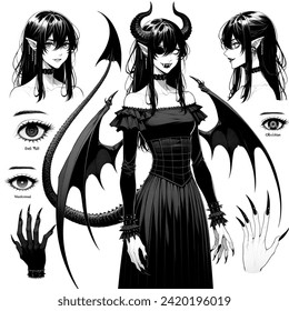 Manga artistic image of 25 year old demon girl. 5'11 feet tall. long black devil tail and long devil horns. black, long, jagged, eye-covering, side banged hairstyle. slim body and narrow waist. black sharp nails. heterochromia, other eye black and other