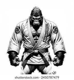 Manga artistic image of angry gorilla, strong body wearing jiu jitsu kimono and spelled bac no kimono