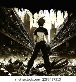 Manga artistic image of creates a night scene of an abandoned modern city with many demon beasts eating people, and a man in a torn shirt, torn pants, and shoes. he has a spear with a knife, he is hidden among the rubble that has perspective, dark