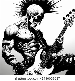 Manga artistic image of dark, creepy, image of a muscular punk rocker with a skull for a head and a mohawk, no shirt, playing a bass guitar, black and white