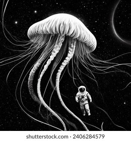 Manga artistic image of fantasy  jellyfish in the space with spaceman