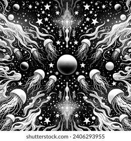 Manga artistic image of fantasy  jellyfish pattern in the space with stars and planet
