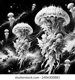 Manga artistic image of fantasy  jellyfish monsters in the space