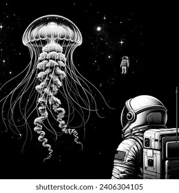Manga artistic image of fantasy jellyfish in the space on the black sky with real spaceman