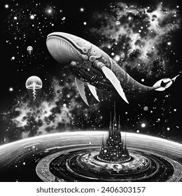 Manga artistic image of fantasy  whale and jellyfish in the space and the stars