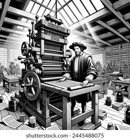 Manga artistic image of guthenberg with his printing press