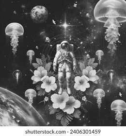 Manga artistic image of   jellyfish in the space and flowers with spaceman