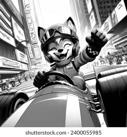 Manga artistic image of a joyful brave and kind wolf cub in a racing helmet, racer suit and racing gloves rushes through the streets of the city in a cool red race car 