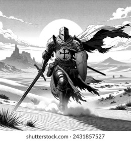 Manga artistic image of knight templar charging into battle in the desert