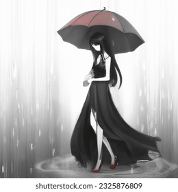 Manga artistic image of the lonely black dress lady walking in the rain with red umbrella