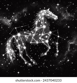Manga artistic image of make a star constellation showing a horse. black and white colors only
