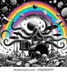 Manga artistic image of octopus playing drums, rainbow, candy
