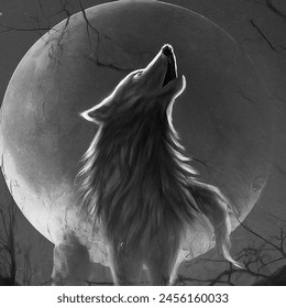 Manga artistic image of wolf howling at moon
