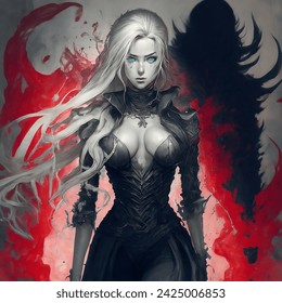 Manga artistic image of woman with long blond hair and blue eyes standing holding an undisclosed card at her side with a red aura around her with a dark shadow looming over her behind her, full body