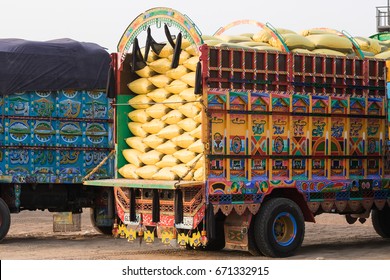 Manga Monor, Lahore,Punjab,Pakistan,July-3-2017:The Local truck pakistan style , colour painting and writing by hand,This is a signature of Pakistan 

