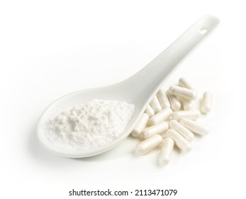 Manganese Powder with Capsules isolated  on white Background - Healthy Nutrition