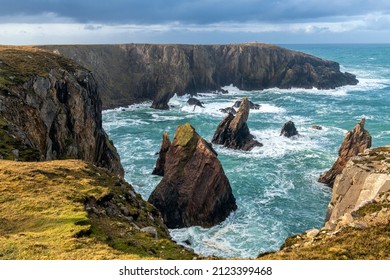 Mangersta Sea Stacks during cloudy day, Isle of Lewis, Outer Hebrides, Scotland. - Shutterstock ID 2123399468