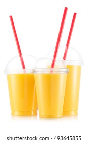 Mango, Banana And Pineapple Smoothie In Three Size Of Plastic Cup