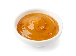 Mango Chutney Isolated, Sweet Orange Chili Paste In Bowl, Mango Chilli Sauce Drops On White Background
