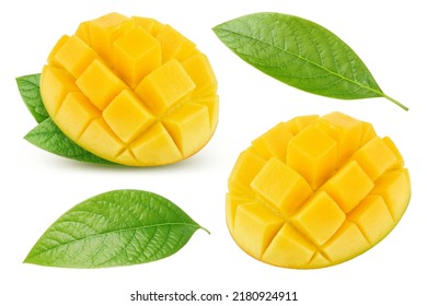 Mango cubes with leaves isolated on white background - Shutterstock ID 2180924911