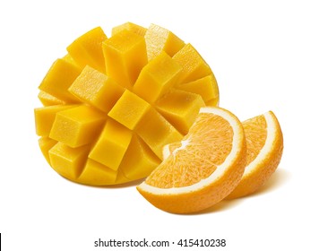 Mango Cut Orange Fruit Isolated On White Background As Package Design Element