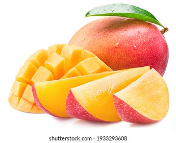 Mango fruit with mango cubes and leaves isolated on a white background. Organic food. - Shutterstock ID 1933293608
