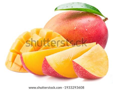 Mango fruit with mango cubes and leaves isolated on a white background. Organic food.