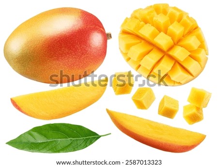 Mango fruit and mango cubes and slices isolated on white background. File contains clipping paths.