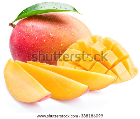 Mango fruit with mango cubes and slices. Isolated on a white background.