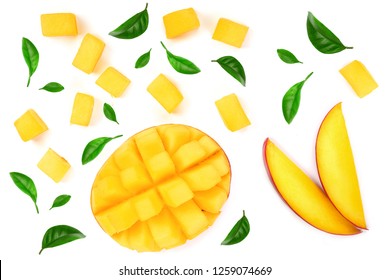 Mango Fruit Decorated With Leaves Isolated On White Background Close-up. Top View. Flat Lay